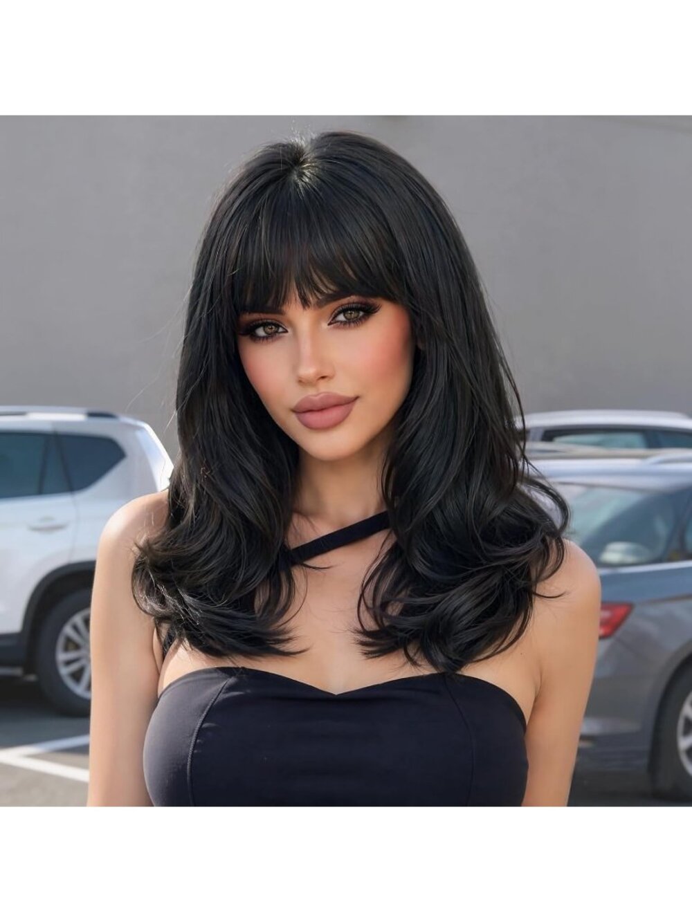 Women's Black Natural Looking 18 Inch Classic Synthetic Layered Wavy Wigs